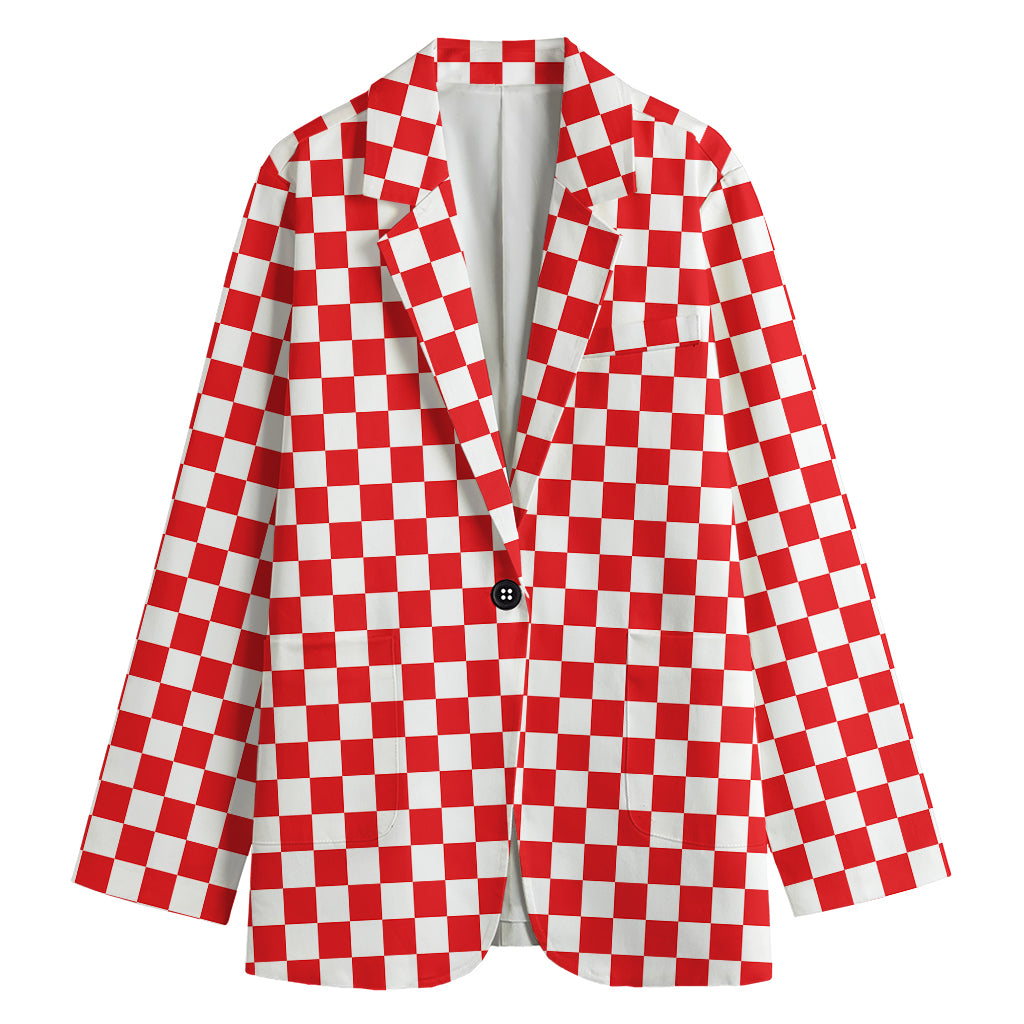 Red And White Checkered Pattern Print Women's Cotton Blazer