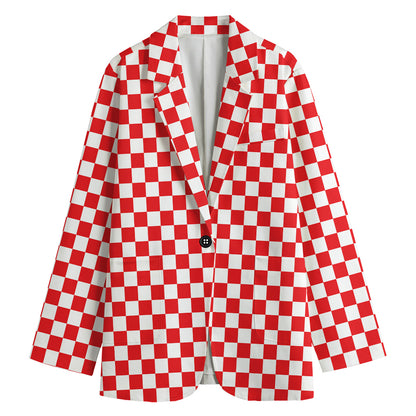 Red And White Checkered Pattern Print Women's Cotton Blazer