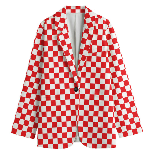 Red And White Checkered Pattern Print Women's Cotton Blazer