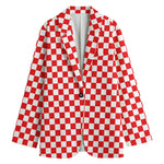 Red And White Checkered Pattern Print Women's Cotton Blazer