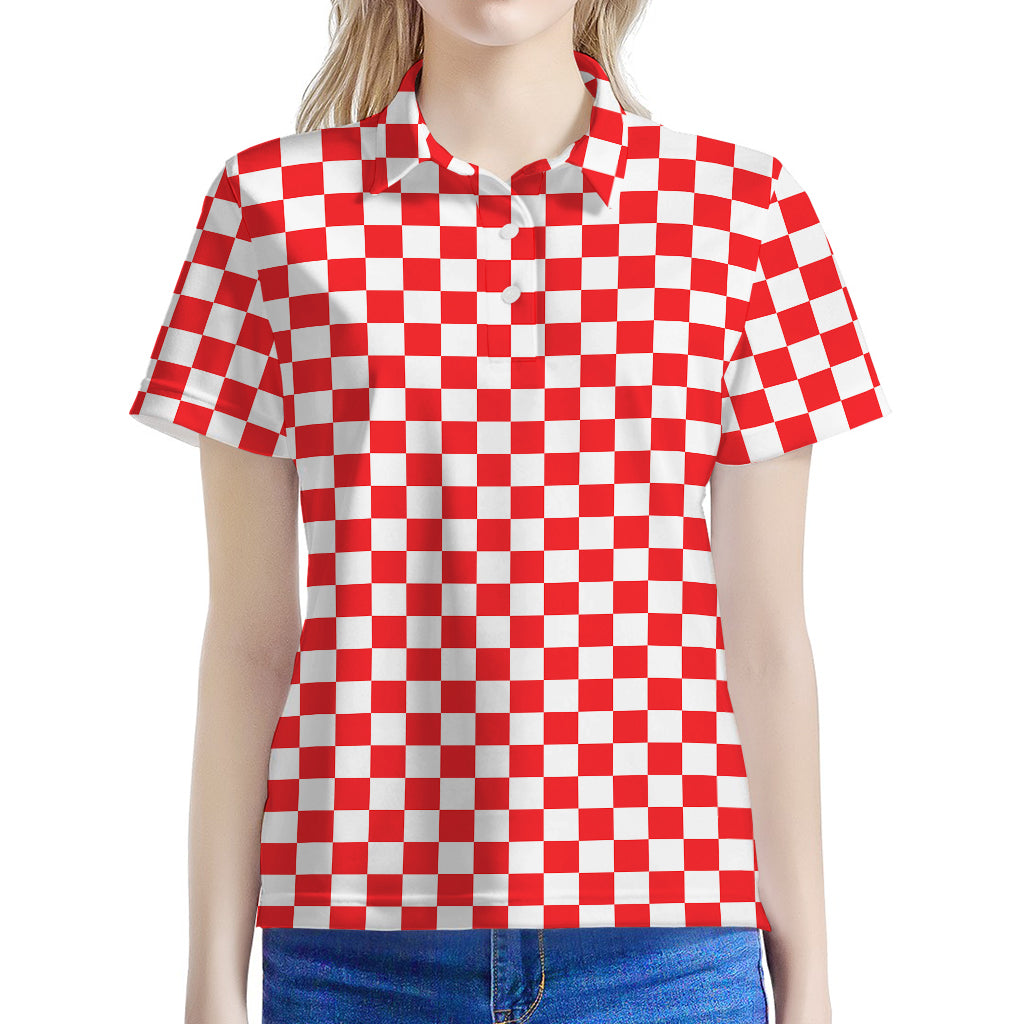 Red And White Checkered Pattern Print Women's Polo Shirt