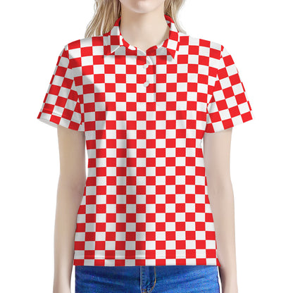 Red And White Checkered Pattern Print Women's Polo Shirt