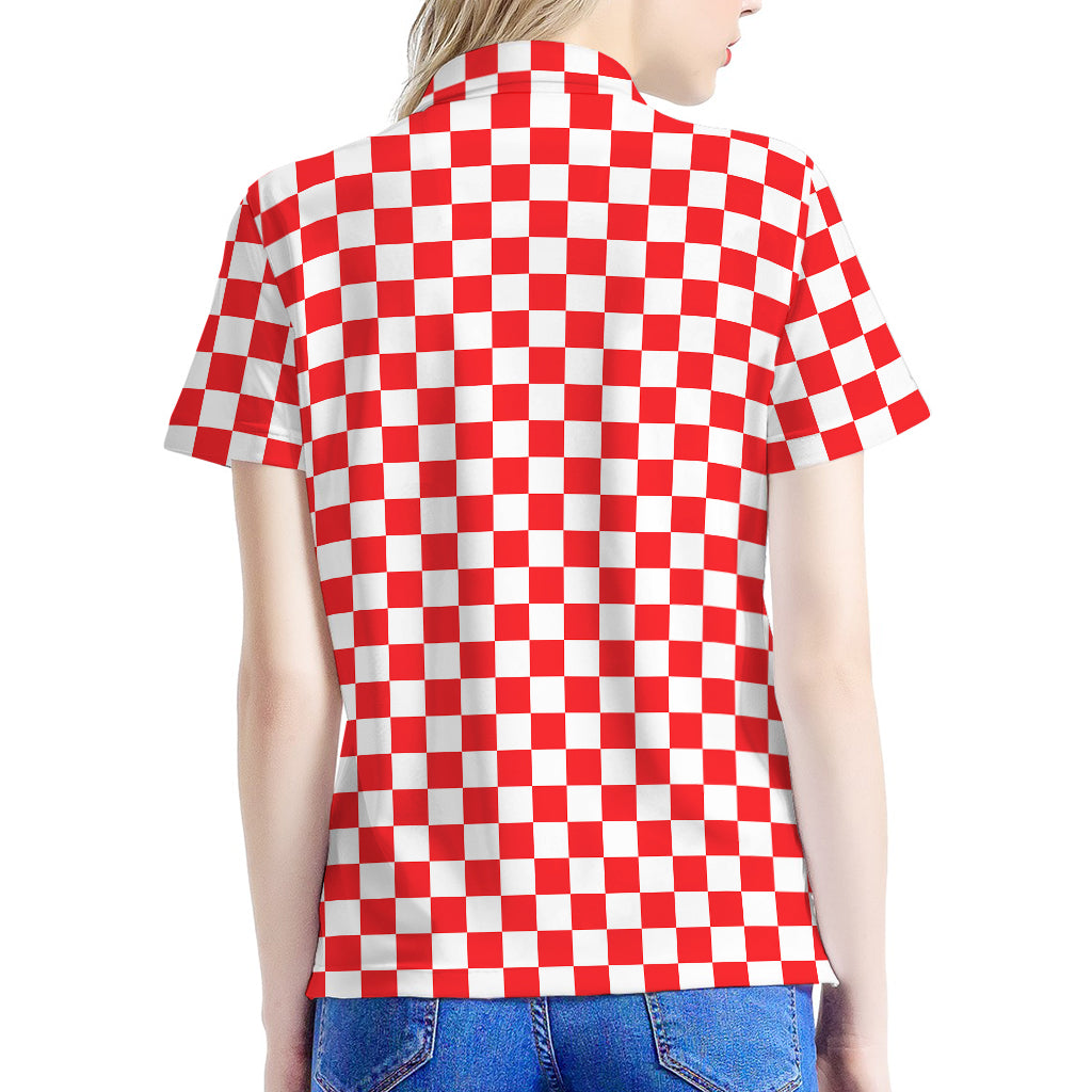 Red And White Checkered Pattern Print Women's Polo Shirt