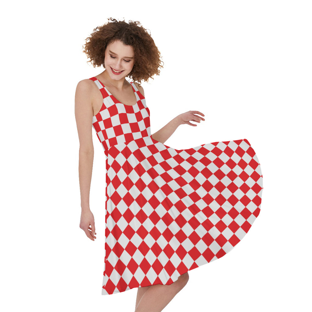 Red And White Checkered Pattern Print Women's Sleeveless Dress