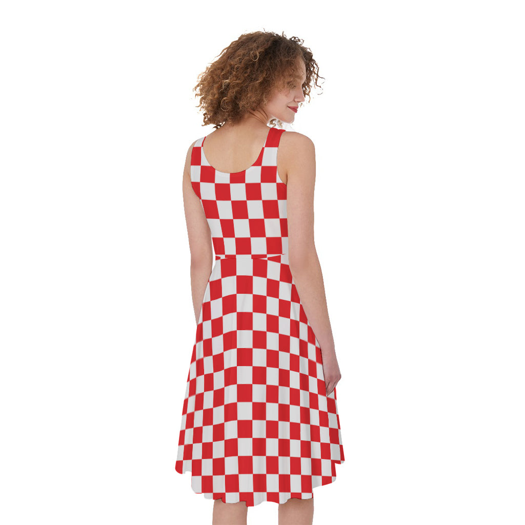 Red And White Checkered Pattern Print Women's Sleeveless Dress