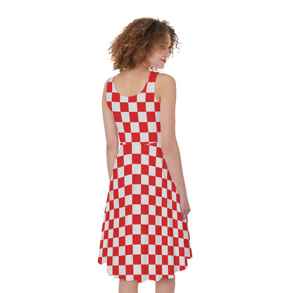 Red And White Checkered Pattern Print Women's Sleeveless Dress