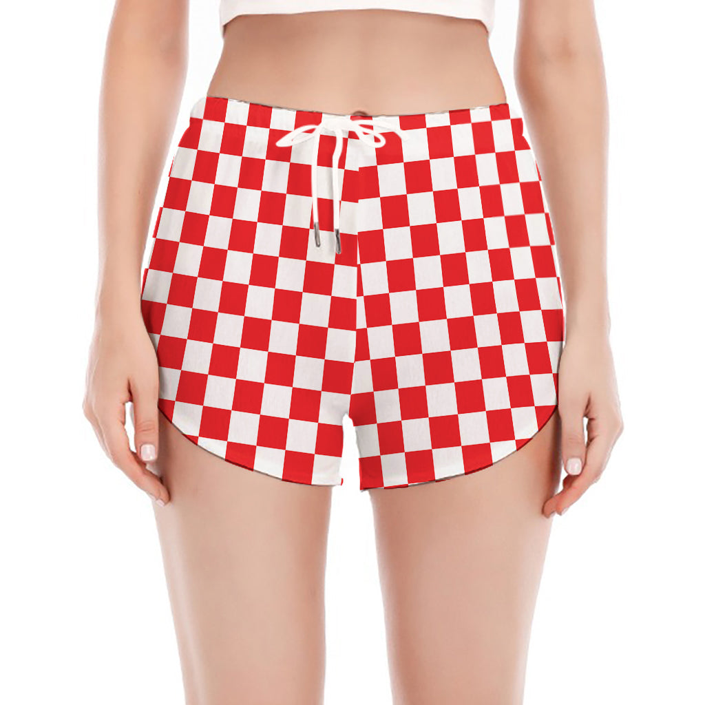 Red And White Checkered Pattern Print Women's Split Running Shorts