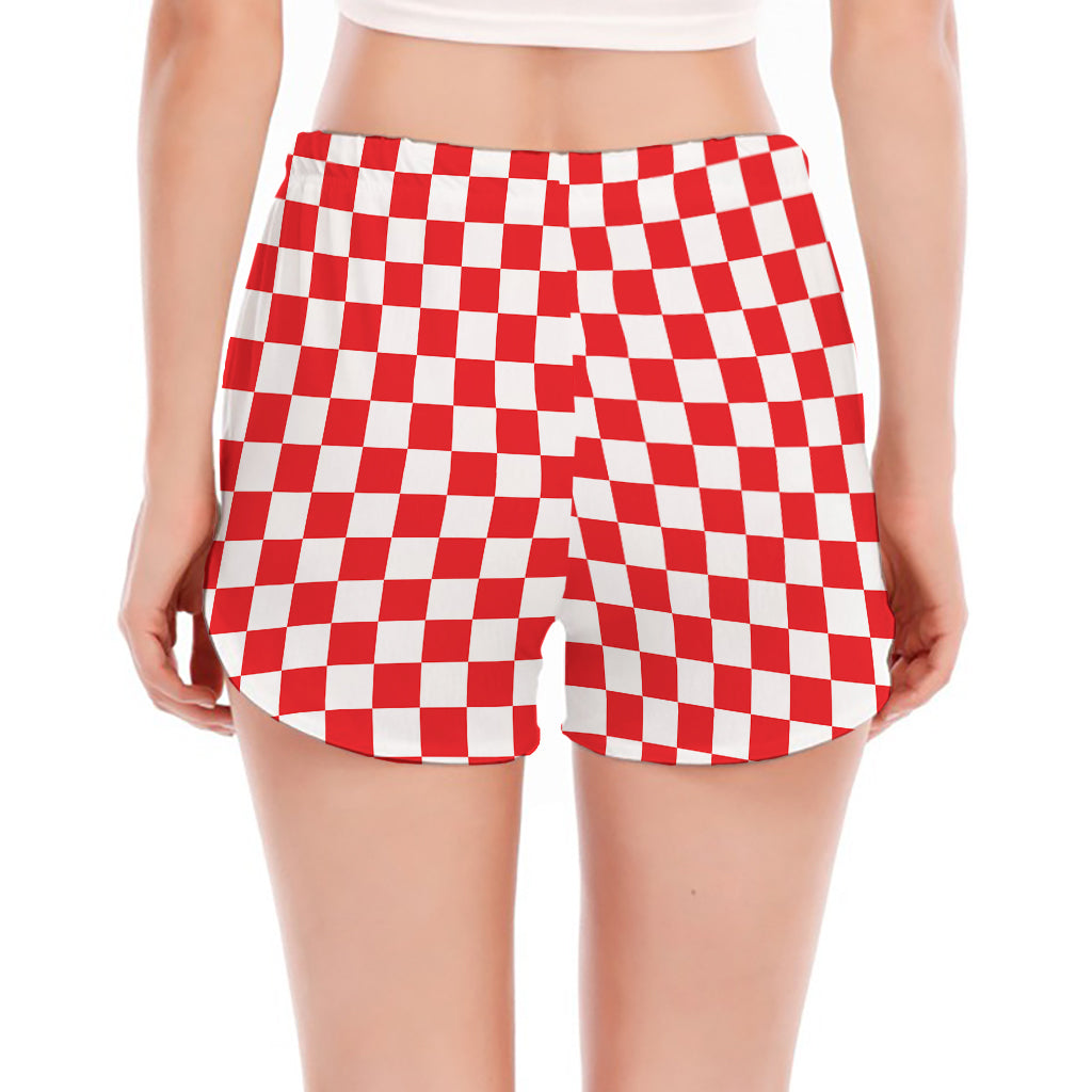 Red And White Checkered Pattern Print Women's Split Running Shorts