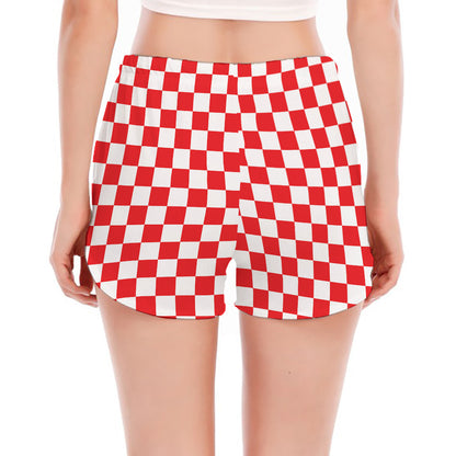 Red And White Checkered Pattern Print Women's Split Running Shorts