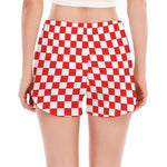 Red And White Checkered Pattern Print Women's Split Running Shorts