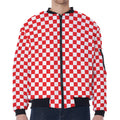 Red And White Checkered Pattern Print Zip Sleeve Bomber Jacket