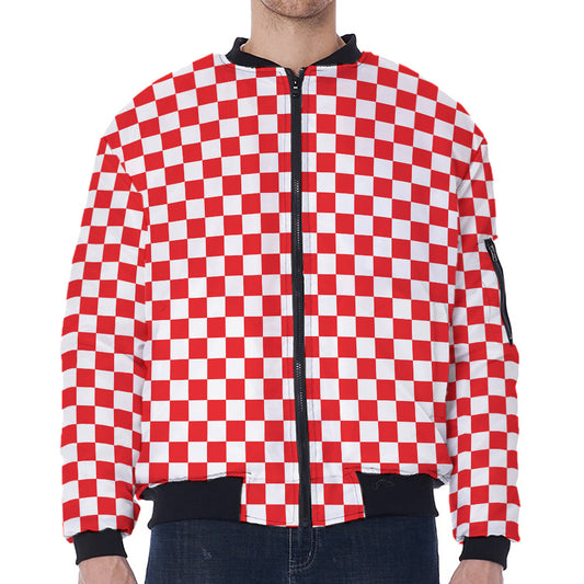 Red And White Checkered Pattern Print Zip Sleeve Bomber Jacket