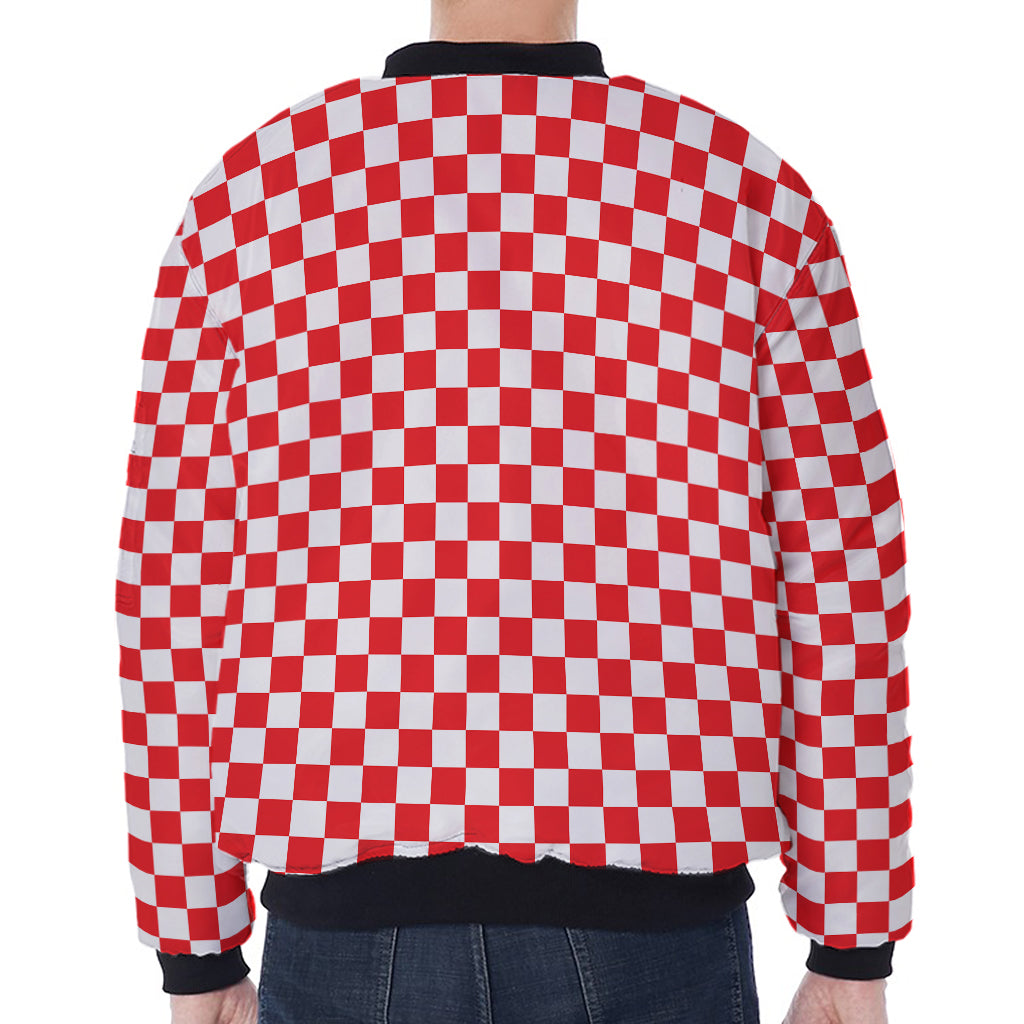 Red And White Checkered Pattern Print Zip Sleeve Bomber Jacket