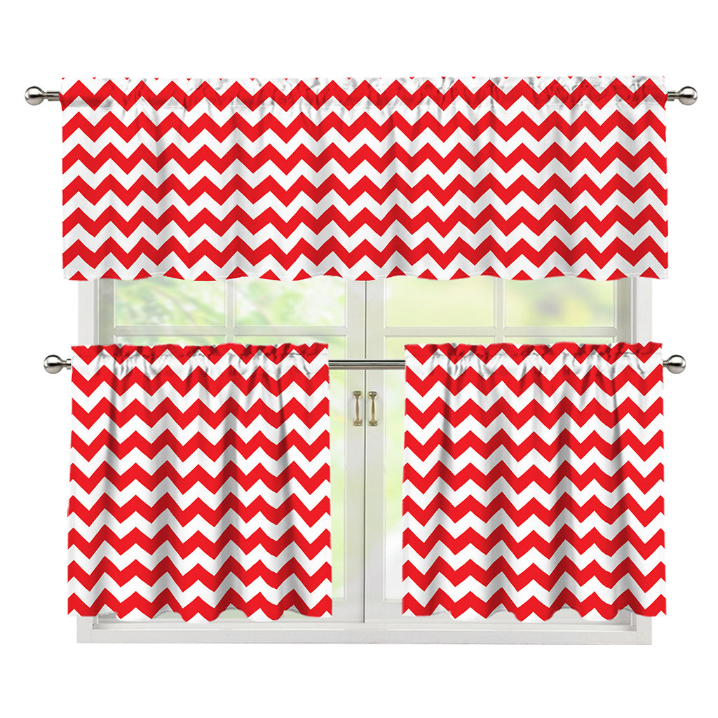 Red And White Chevron Pattern Print 3 Piece Kitchen Curtains