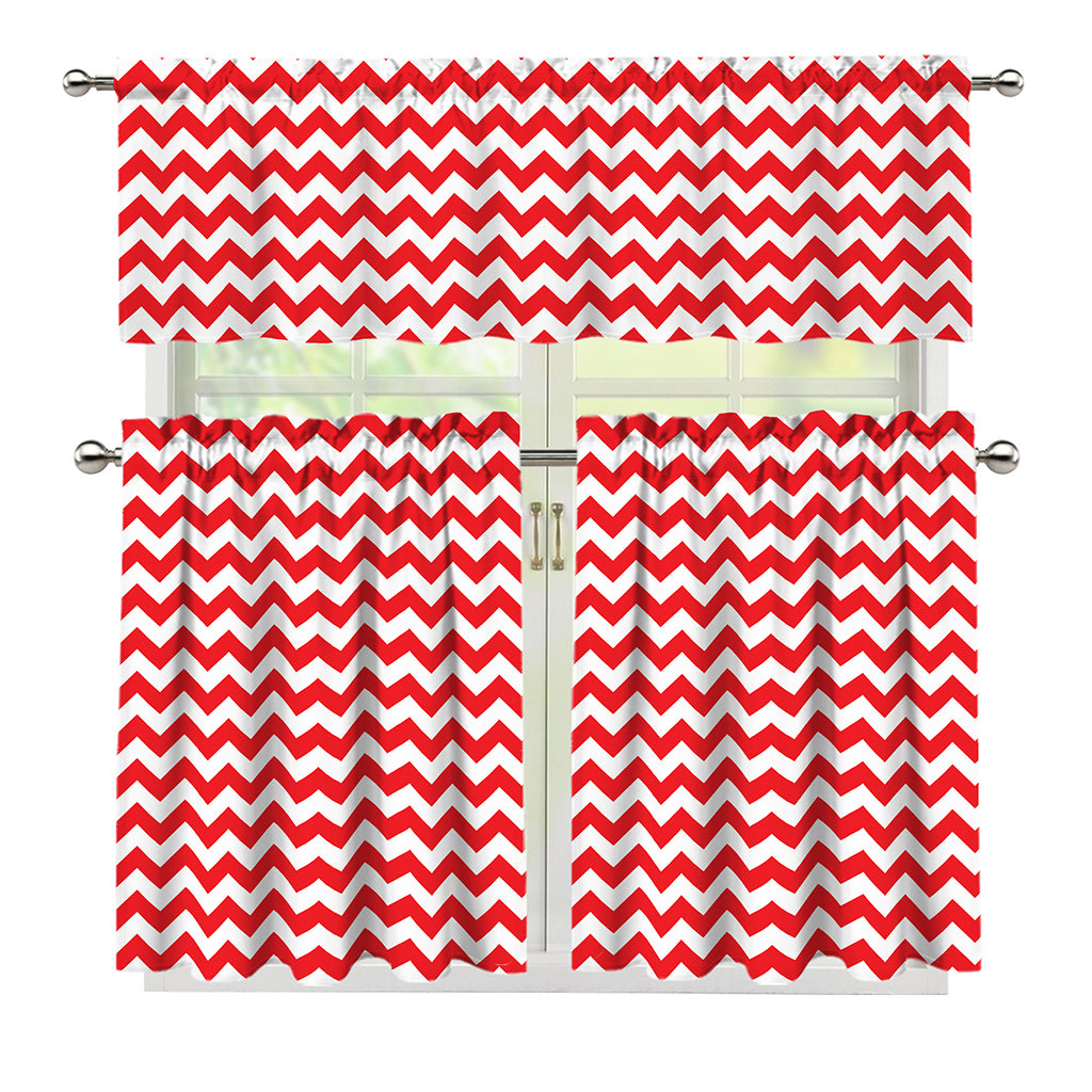 Red And White Chevron Pattern Print 3 Piece Kitchen Curtains