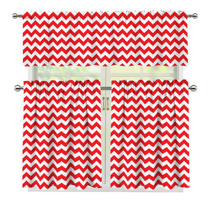 Red And White Chevron Pattern Print 3 Piece Kitchen Curtains