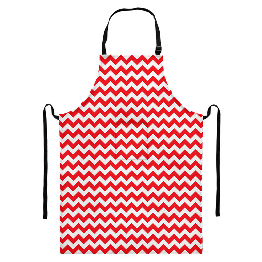 Red And White Chevron Pattern Print Bib Apron With Pocket