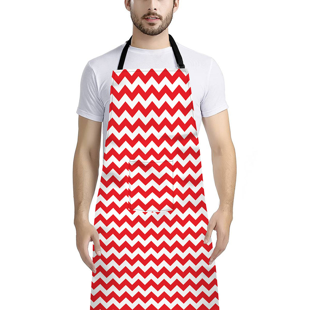 Red And White Chevron Pattern Print Bib Apron With Pocket