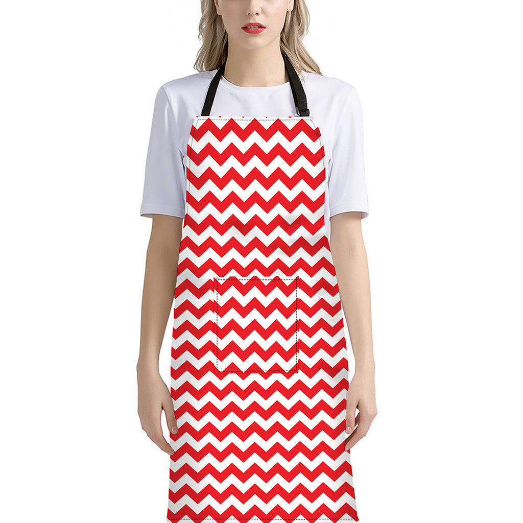 Red And White Chevron Pattern Print Bib Apron With Pocket