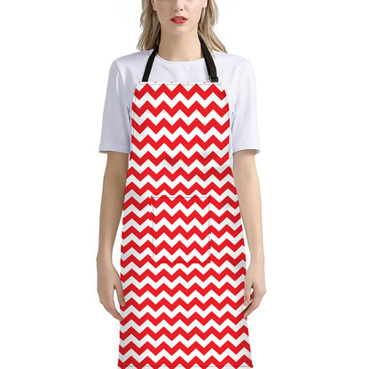 Red And White Chevron Pattern Print Bib Apron With Pocket