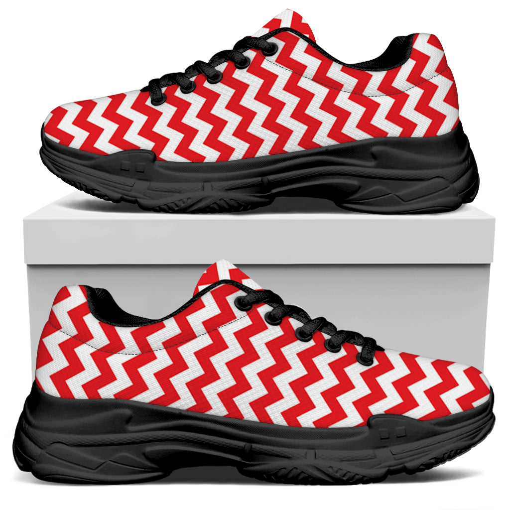 Red And White Chevron Pattern Print Black Chunky Shoes