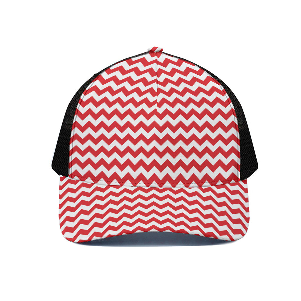 Red And White Chevron Pattern Print Black Mesh Trucker Cap