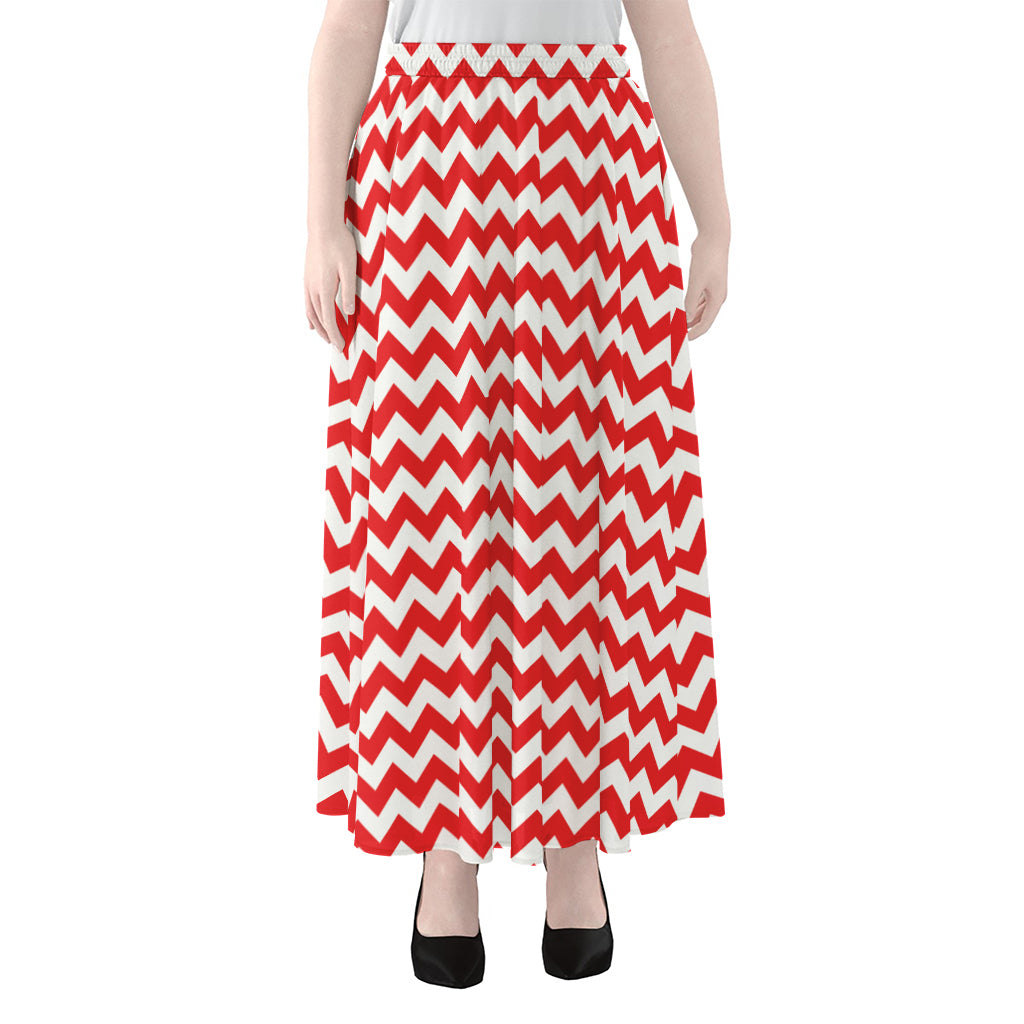 Red And White Chevron Pattern Print Chiffon Maxi Skirt