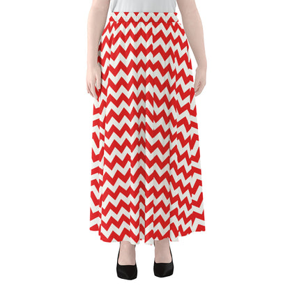 Red And White Chevron Pattern Print Chiffon Maxi Skirt