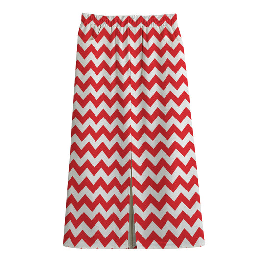 Red And White Chevron Pattern Print Cotton Front Slit Maxi Skirt