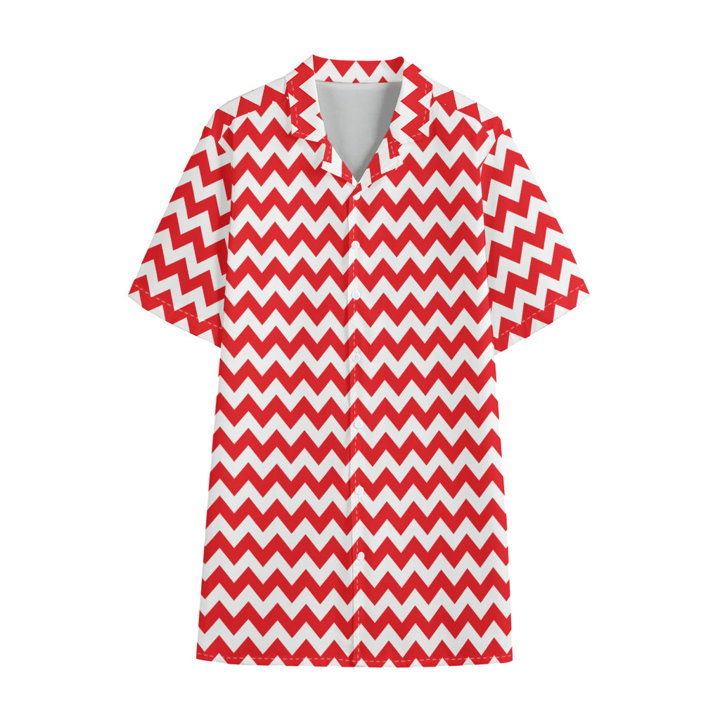 Red And White Chevron Pattern Print Cotton Hawaiian Shirt
