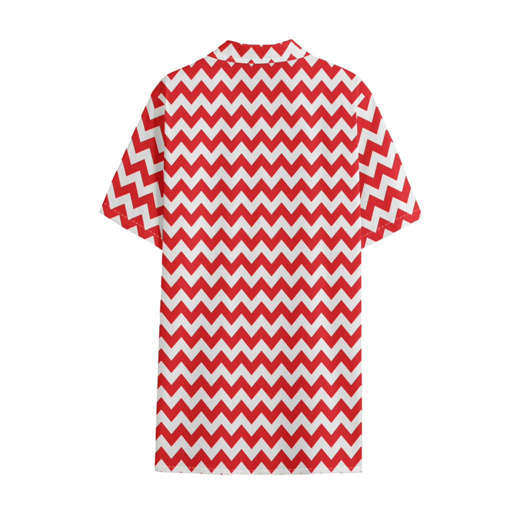 Red And White Chevron Pattern Print Cotton Hawaiian Shirt