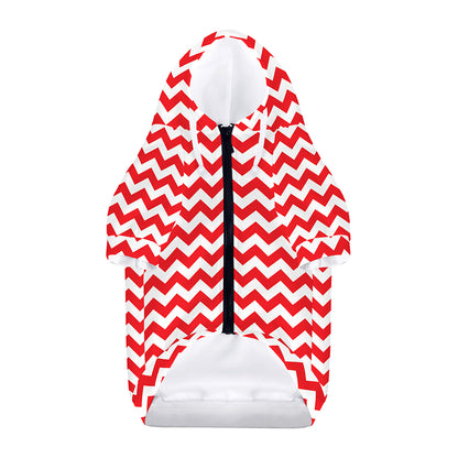 Red And White Chevron Pattern Print Dog Zip Up Hoodie