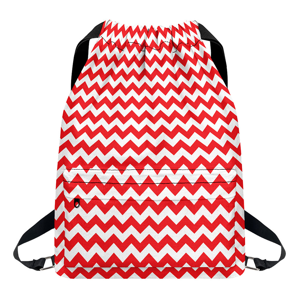 Red And White Chevron Pattern Print Drawstring Backpack