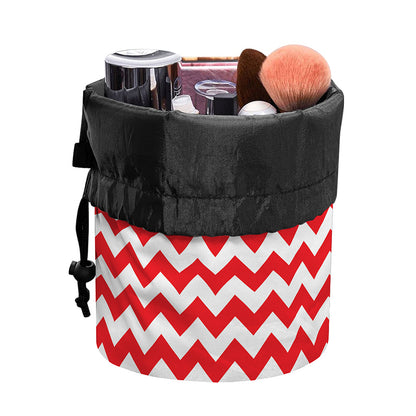 Red And White Chevron Pattern Print Drawstring Makeup Bag