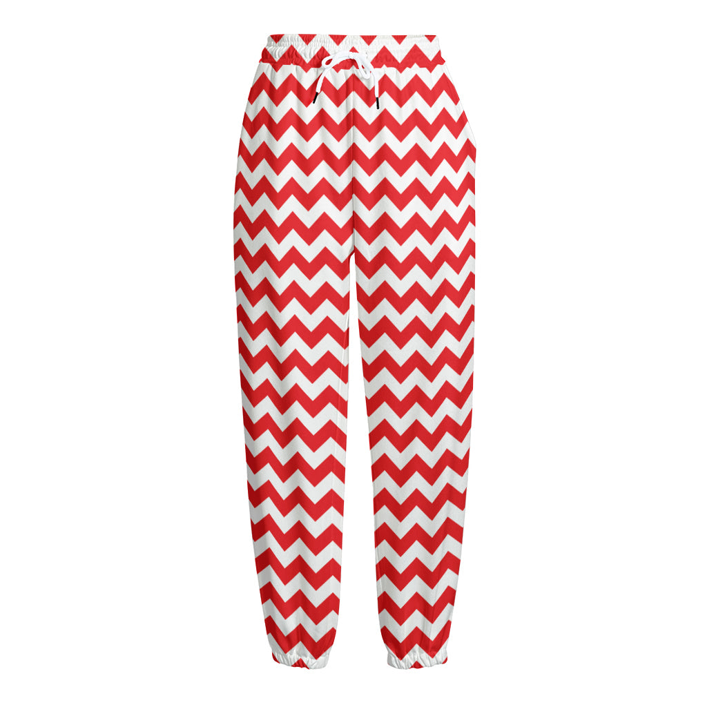 Red And White Chevron Pattern Print Fleece Lined Knit Pants
