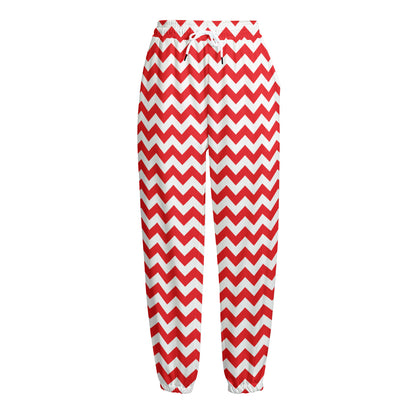 Red And White Chevron Pattern Print Fleece Lined Knit Pants
