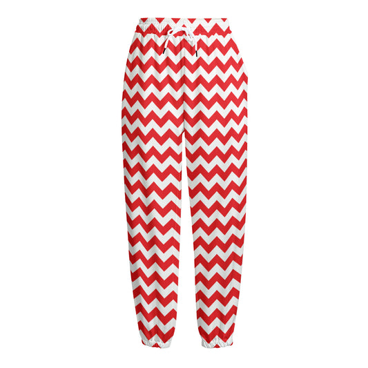 Red And White Chevron Pattern Print Fleece Lined Knit Pants