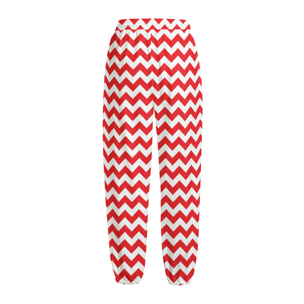 Red And White Chevron Pattern Print Fleece Lined Knit Pants