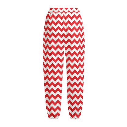 Red And White Chevron Pattern Print Fleece Lined Knit Pants