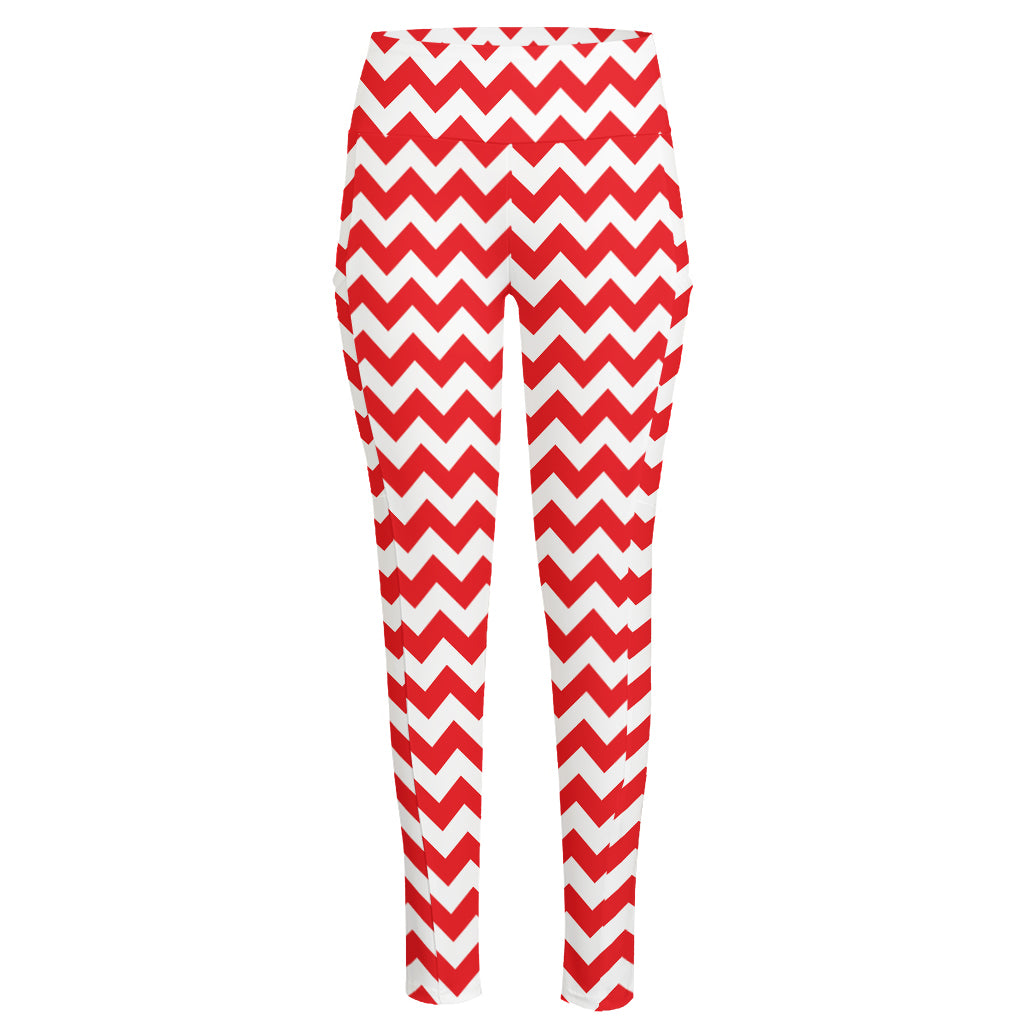 Red And White Chevron Pattern Print High-Waisted Pocket Leggings
