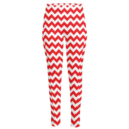 Red And White Chevron Pattern Print High-Waisted Pocket Leggings
