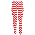 Red And White Chevron Pattern Print High-Waisted Pocket Leggings