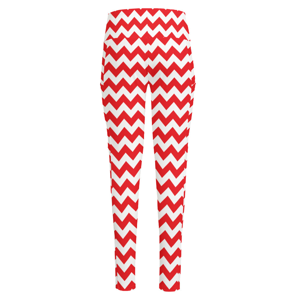 Red And White Chevron Pattern Print High-Waisted Pocket Leggings