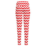 Red And White Chevron Pattern Print High-Waisted Pocket Leggings