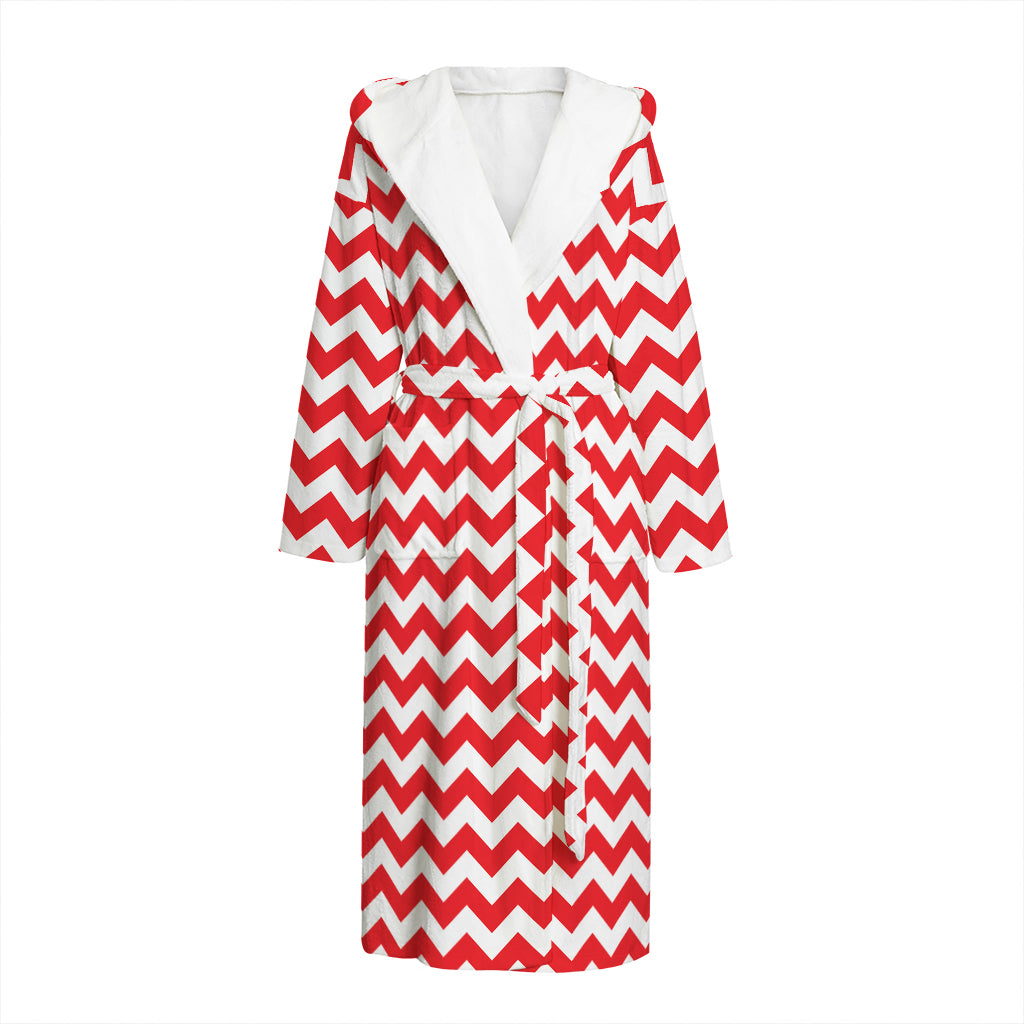 Red And White Chevron Pattern Print Hooded Bathrobe