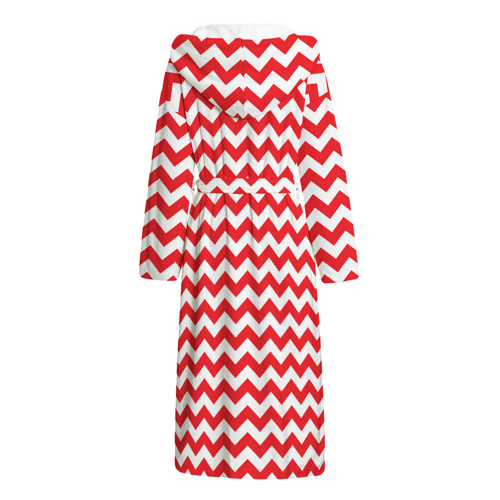 Red And White Chevron Pattern Print Hooded Bathrobe