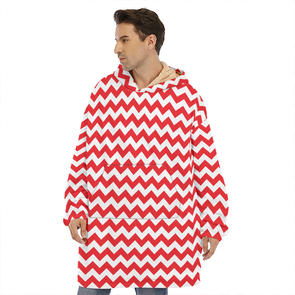 Red And White Chevron Pattern Print Hoodie Blanket