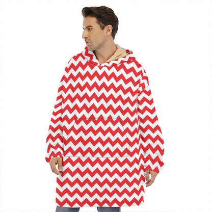 Red And White Chevron Pattern Print Hoodie Blanket