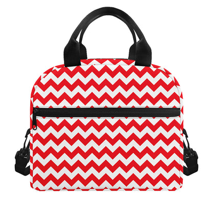 Red And White Chevron Pattern Print Insulated Lunch Bag