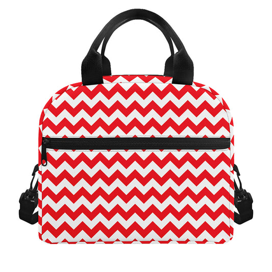 Red And White Chevron Pattern Print Insulated Lunch Bag